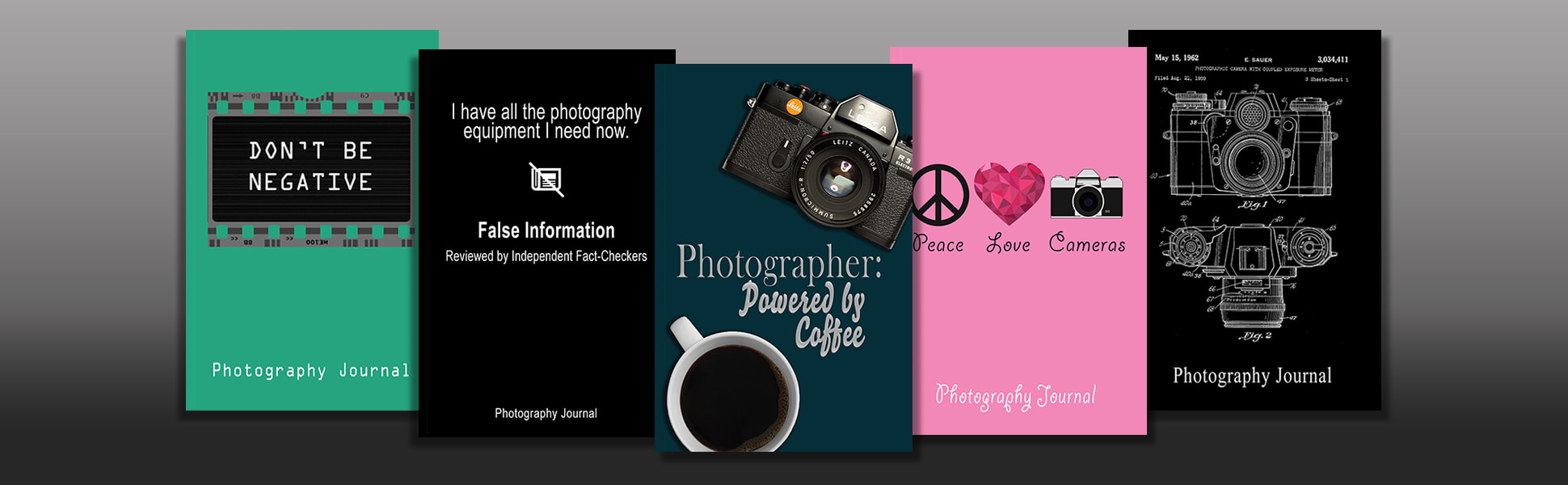 A selection of photograph journal covers in different styles and colors