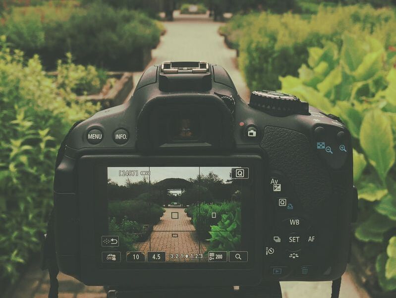 DSLR camera set up in a garden, ready to take a picture of a trellis, used to demonstrat how we can help you in our Get Off Auto photography class